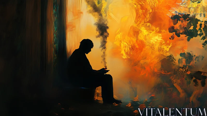 Solitary figure contemplates a glowing firestorm of color