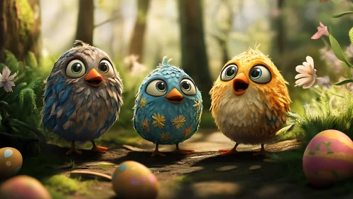 Three stylized birds stand in a sunlit forest path