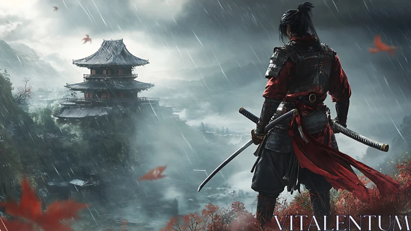 Lone samurai overlooking storm-wrapped mountain temple.