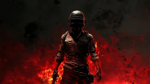 Fierce game warrior strides forward through blazing fire