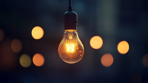 Suspended warm filament bulb amid blurred bokeh orbs.