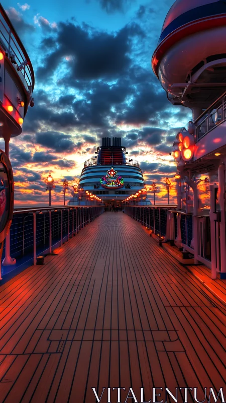 Sunset cruise deck glows warmly beneath painted evening sky