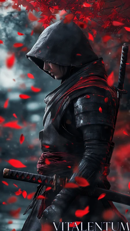 Hooded samurai in dark armor amid falling red leaves.