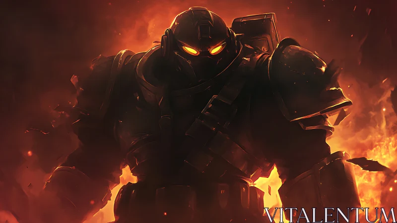 Molten-eyed war titan strides through a storm of burning ash