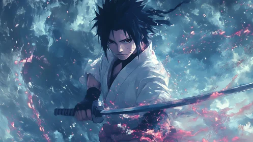 Anime swordsman channels energy in dynamic frontal stance