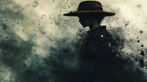 Silhouetted straw hat figure amid dark drifting particles.