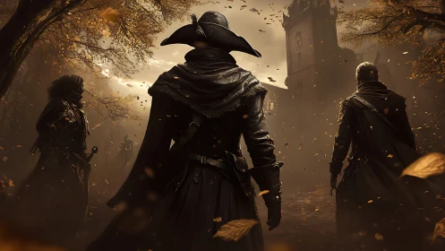 Cloaked hunters advance through volumetric fog toward ruined tower