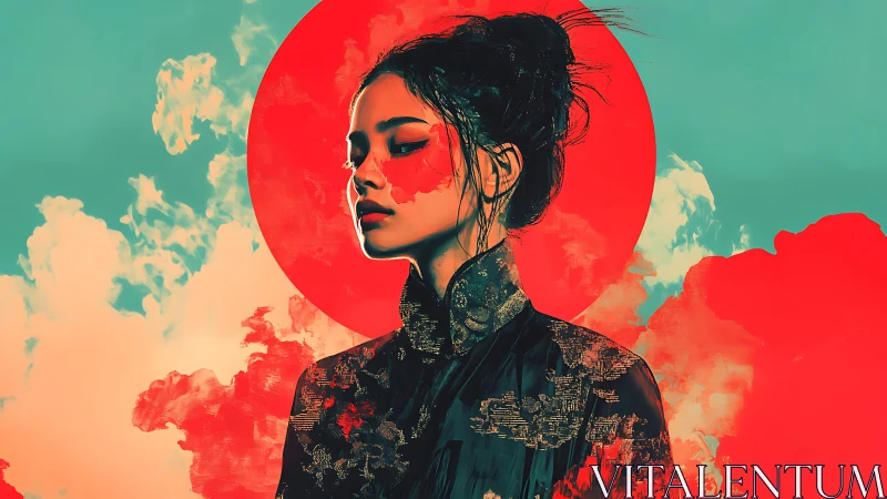 Radiant portrait of a serene woman in bold red sun glow.