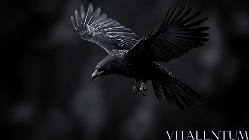 Black Raven in Mid-Flight Against Dark Storm Cloud Backdrop.