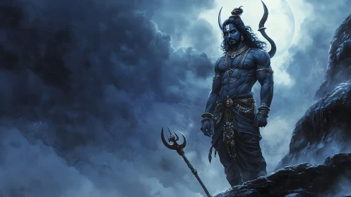 Mythic warrior deity in moonlit storm, digital painting construct.