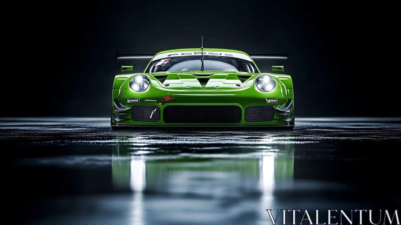 Neon green track predator glaring across wet midnight asphalt.