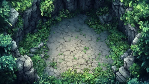 Sunlit stone clearing rests within overgrown rock walls