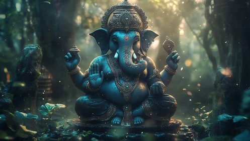 Mystical blue Ganesha statue glows in lush forest temple.
