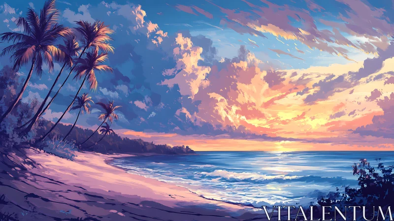 Sunset clouds over tropical beach with leaning palm trees.