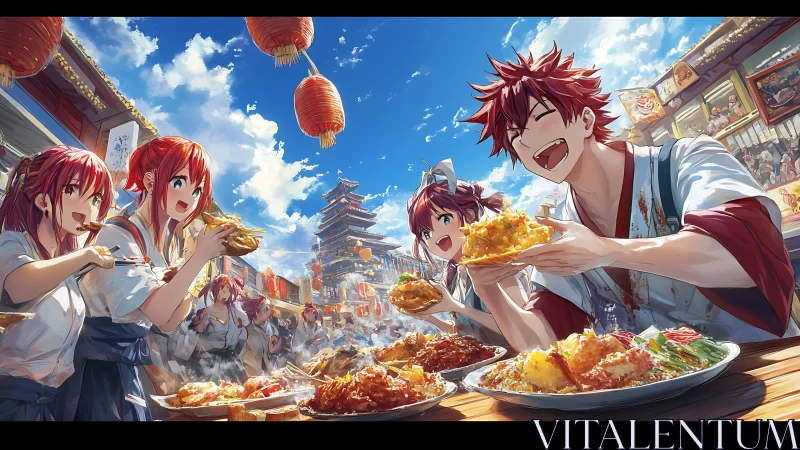 Festive anime street feast under bright summer sky.