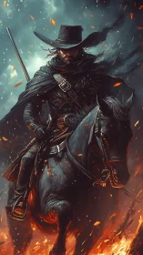 Lone gunslinger rides through embers in dynamic digital chiaroscuro