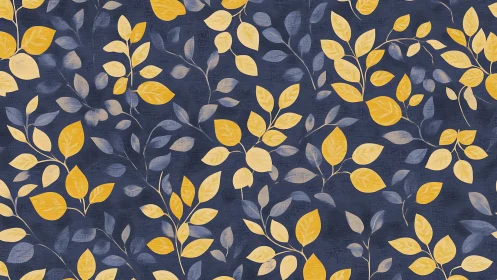 Yellow and gray leaf pattern repeats on textured navy background