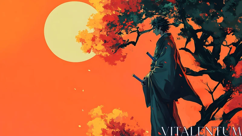 Samurai silhouette against chromatic autumn solar disc.