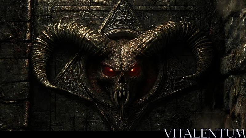 3D demonic skull relief with pentagram and curved ram horns.