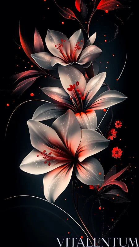 Three lilies with luminescent petals and red stamens on dark background