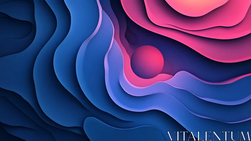 Layered blue and pink abstract waves with central sphere.