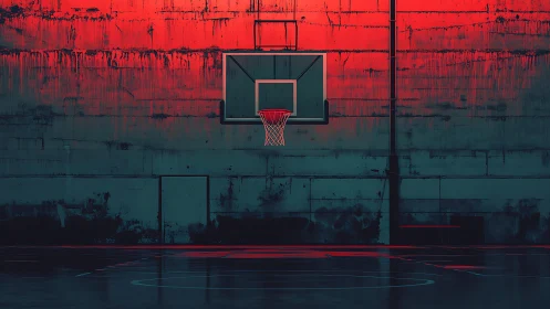 Outdoor concrete basketball hoop under red directional light.