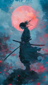Lone samurai silhouette beneath a burning crimson moon.