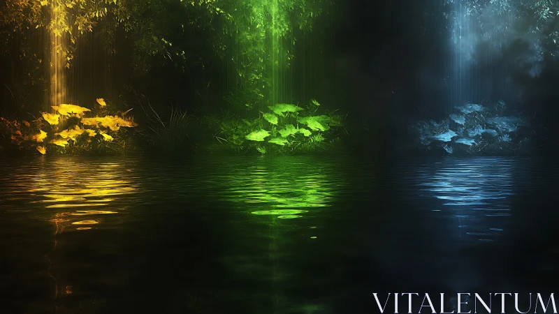 Tricolor luminous forest pool with spectral foliage reflections