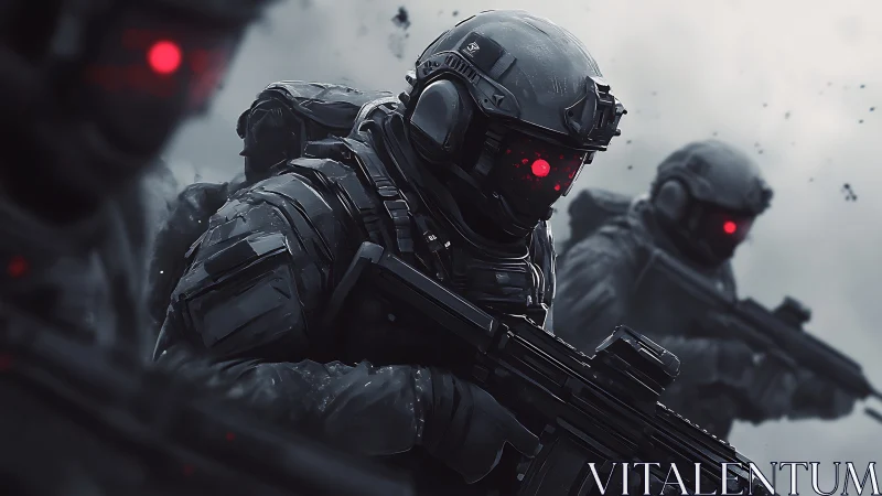 Armored soldiers advance with red visor optics activated