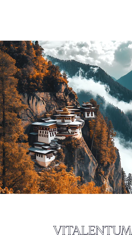 Clifftop monastery clings to autumn forest above roaming clouds
