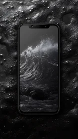 Tempest in the palm: dark ocean wave on sleek phone screen.