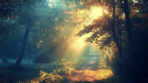Serene forest path bathed in golden sunrise light, dreamy style.