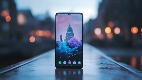 Smartphone displays architectural vista with ethereal bokeh cityscape backdrop