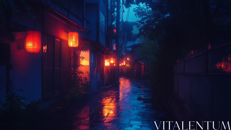 Rain-wet neon alley with glowing red lantern reflections.
