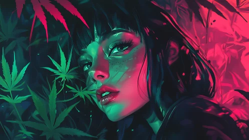 Moody neon portrait of woman framed by cannabis leaves.
