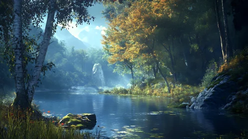 Digital painting woodland river with atmospheric backlit foliage.