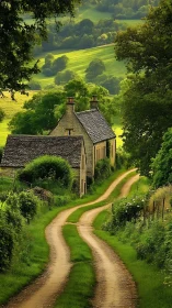 Country lane winding to stone cottage in lush valley light.