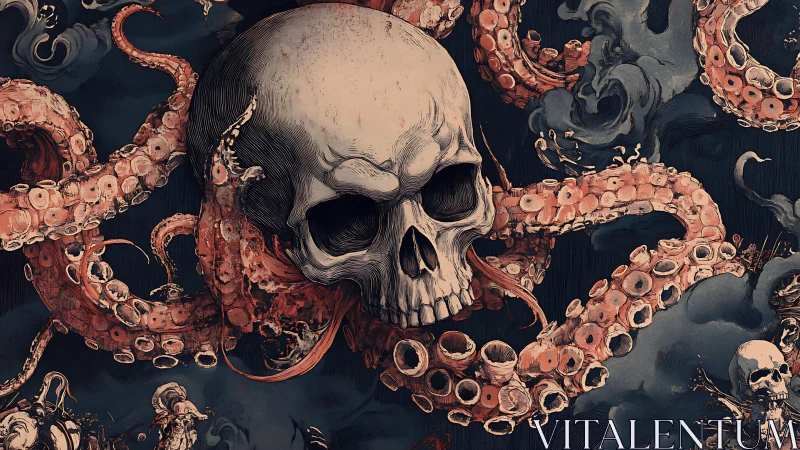 Nautical skull entwined with octopus tentacles in dark palette