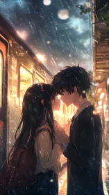 Teen couple holds hands in rain by glowing station train.