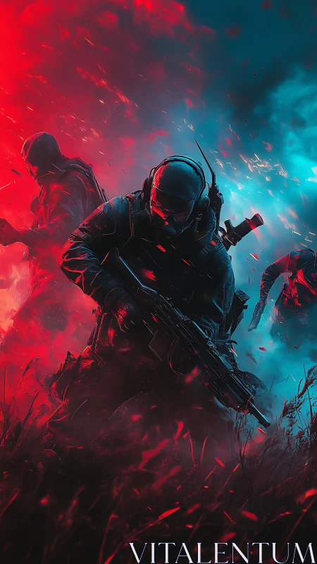 Armed tactical soldiers in stylized red and blue battlefield.