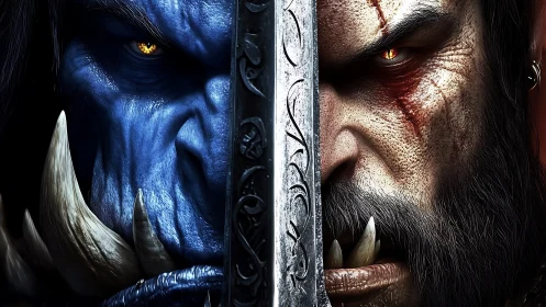 Orc and human warrior divided by ornate sword blade.