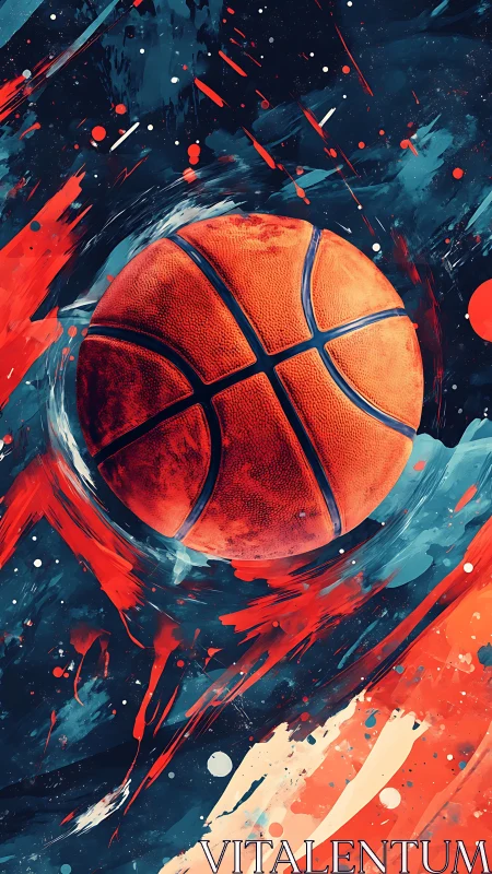 Textured basketball floats amid dynamic splatter-stroke field