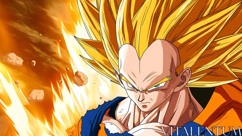 Blazing warrior locks focus as golden energy storms upward