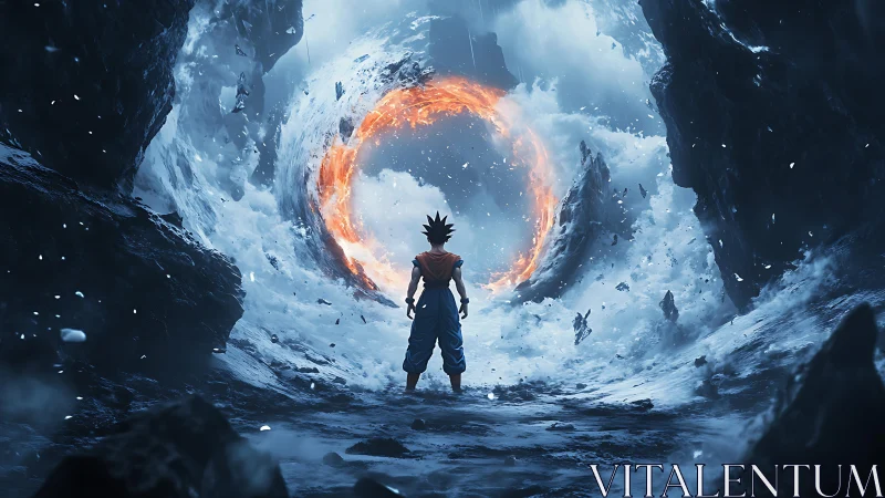 Saiyan warrior before fiery portal in frozen canyon.