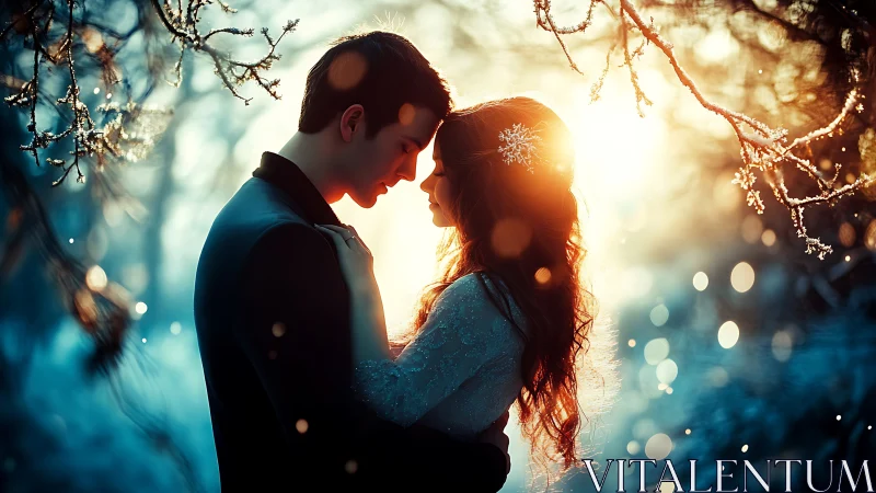 Silhouetted couple in backlit winter embrace with bokeh ambiance.