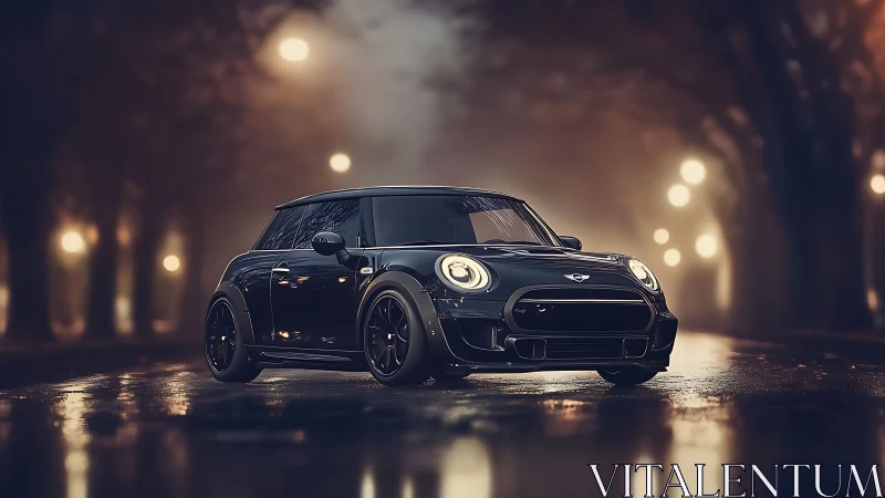 Sport compact coupe on wet city street at dusk.