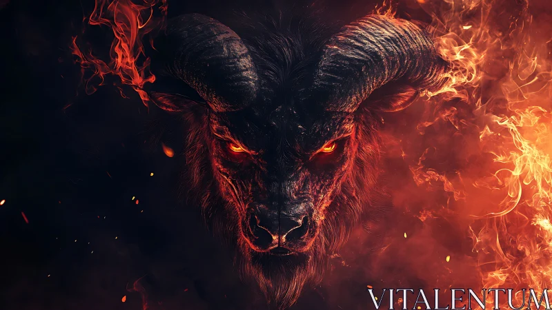 Fiery horned beast head emerging from surrounding flames.