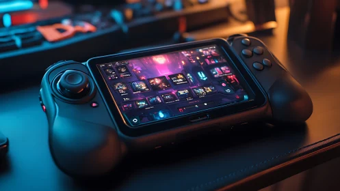 Portable Gaming Device with Controllers in Neon Environment.