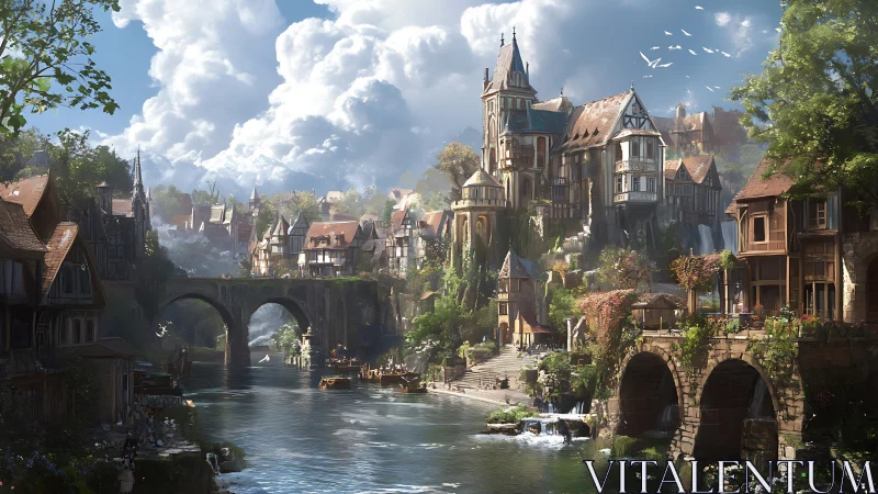 Fantasy riverside cityscape with tiered medieval architecture.