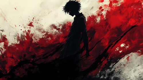 Silhouetted antihero in erupting red ink stormscape.